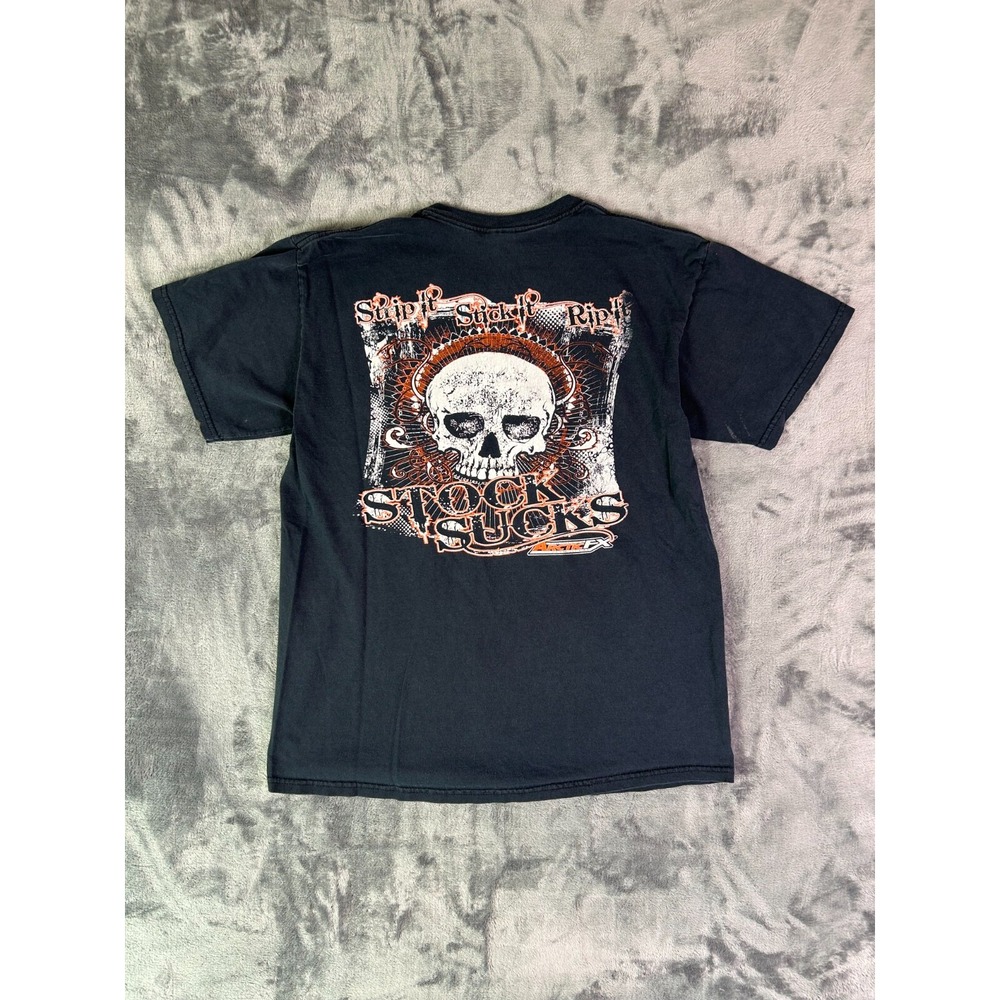 VTG Strip It Stick It Rip It Skull Graphic T-Shirt Large Black Grunge Biker Tee